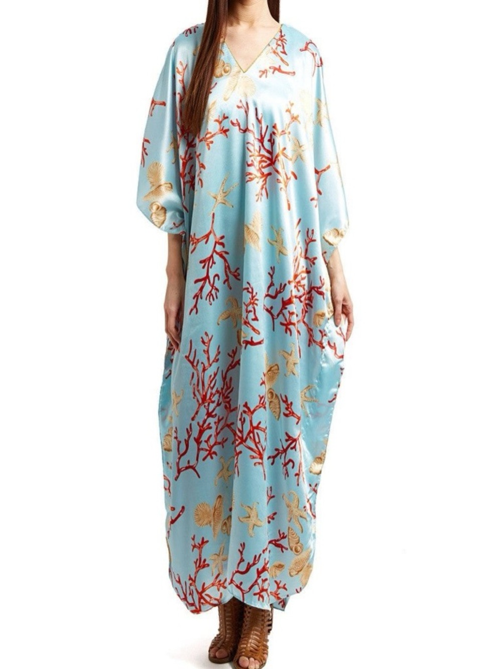 Winlar ANALUCIA LONG CAFTAN - Aqua Coral, Seashell, and Starfish Print  One Size